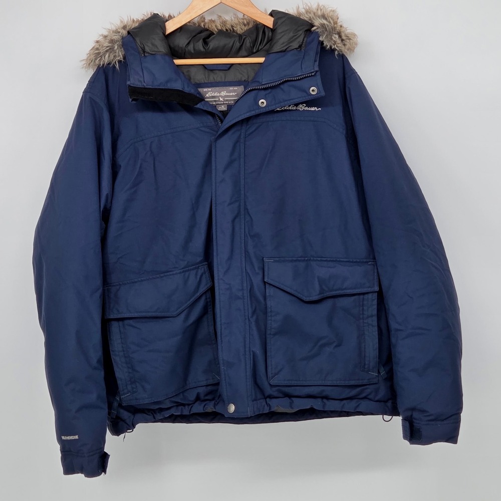 Eddie Bauer WeatherEdge Deep Navy Faux Fur Hooded Parka Jacket Mens XL Excellent